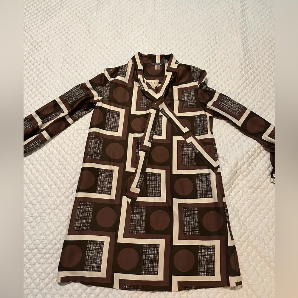 Vintage Orla Kiely dress, brown and black. Ties in front size 4US